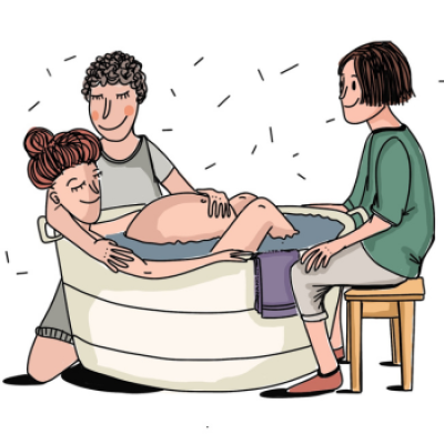 Frau in Badewanne mit Mann und Hebamme